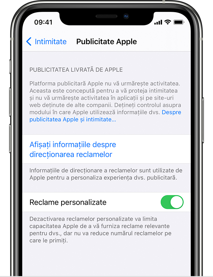 iPhone arătând opțiuni în Publicitate Apple, inclusiv opțiuni pentru Afișați informațiile despre direcționarea reclamelor și Reclame personalizate