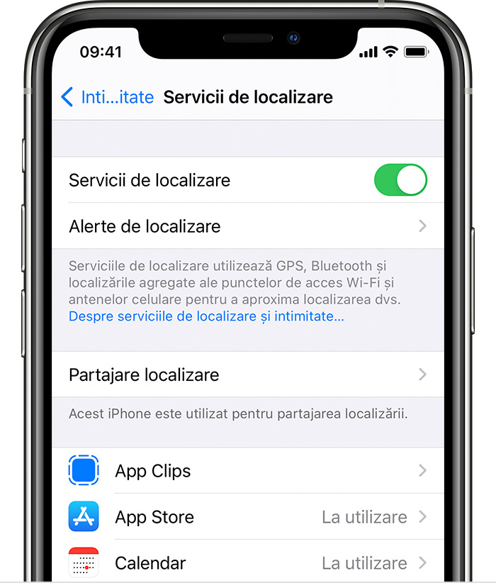 iPhone arătând opțiuni în Servicii de localizare, inclusiv opțiuni pentru Alerte de localizare și configurări specifice aplicațiilor