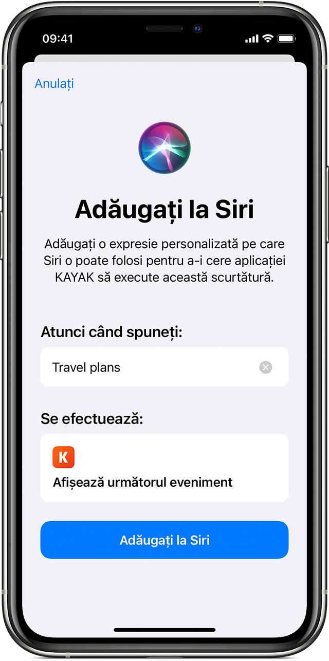Kayak se adaugă la Siri cu butonul Adăugați la Siri.