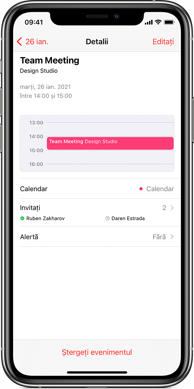 Calendar iPhone – Ecranul Detalii cu „Ștergeți evenimentul” în partea de jos