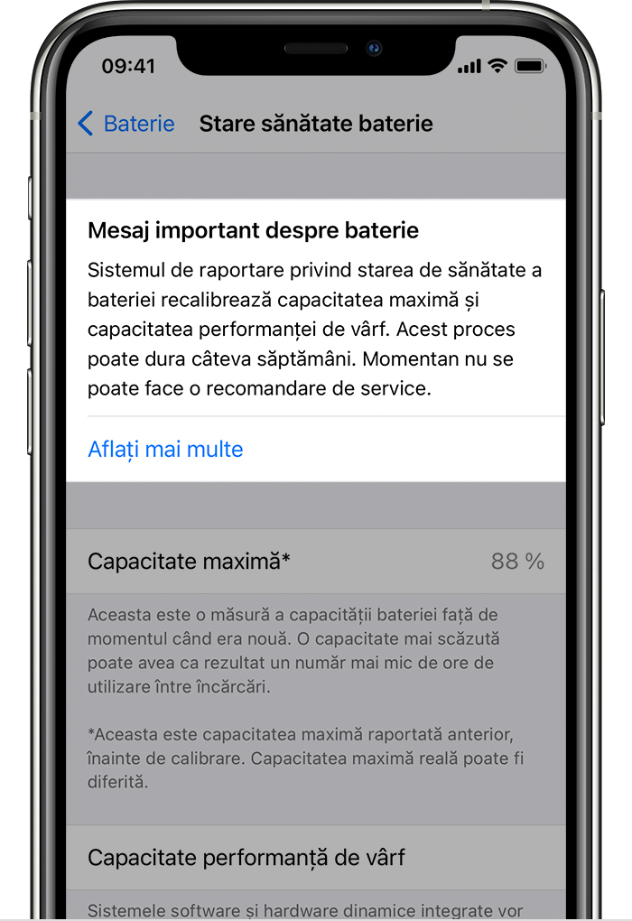 Despre recalibrarea raportării stării de sănătate a bateriei în iOS 14.5 -  Apple Support (RO)