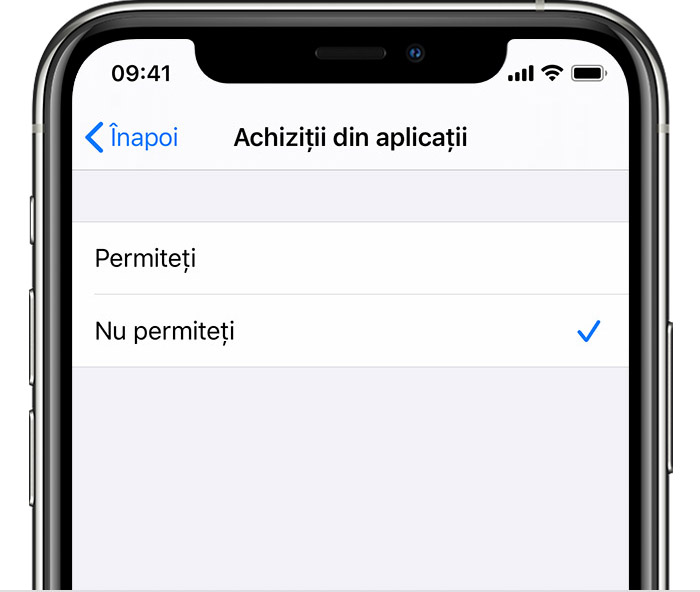 Ecranul de configurări al dispozitivului iPhone cu opțiunea Cumpărare din aplicații setată la „Nu permiteți”