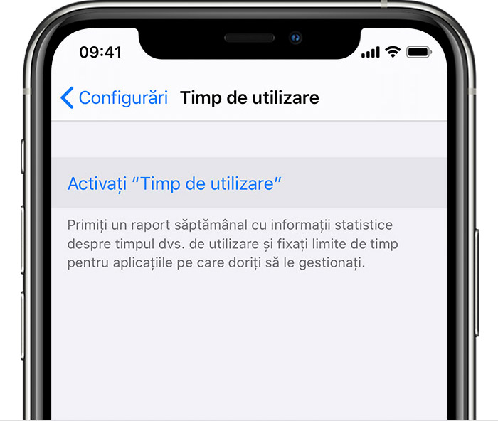 Configurările dispozitivului iPhone cu opțiunea „Activați timp de utilizare” selectată