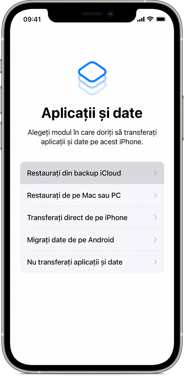iPhone care afișează ecranul Aplicații și date cu opțiunea „Restaurați din backup iCloud” selectată.