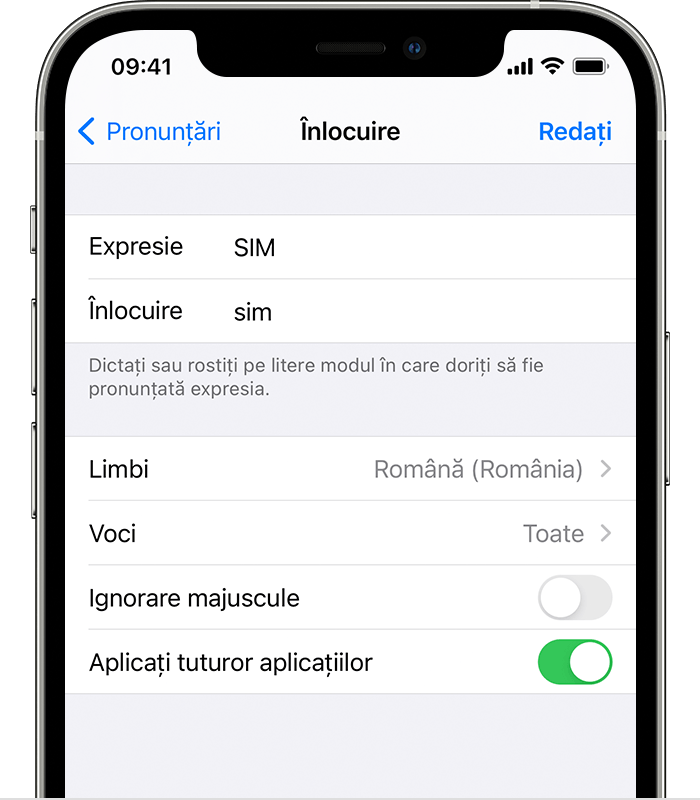 Ecran de iPhone care afișează SIM în câmpul Expresie și pronunția pentru SIM în câmpul Înlocuire. 