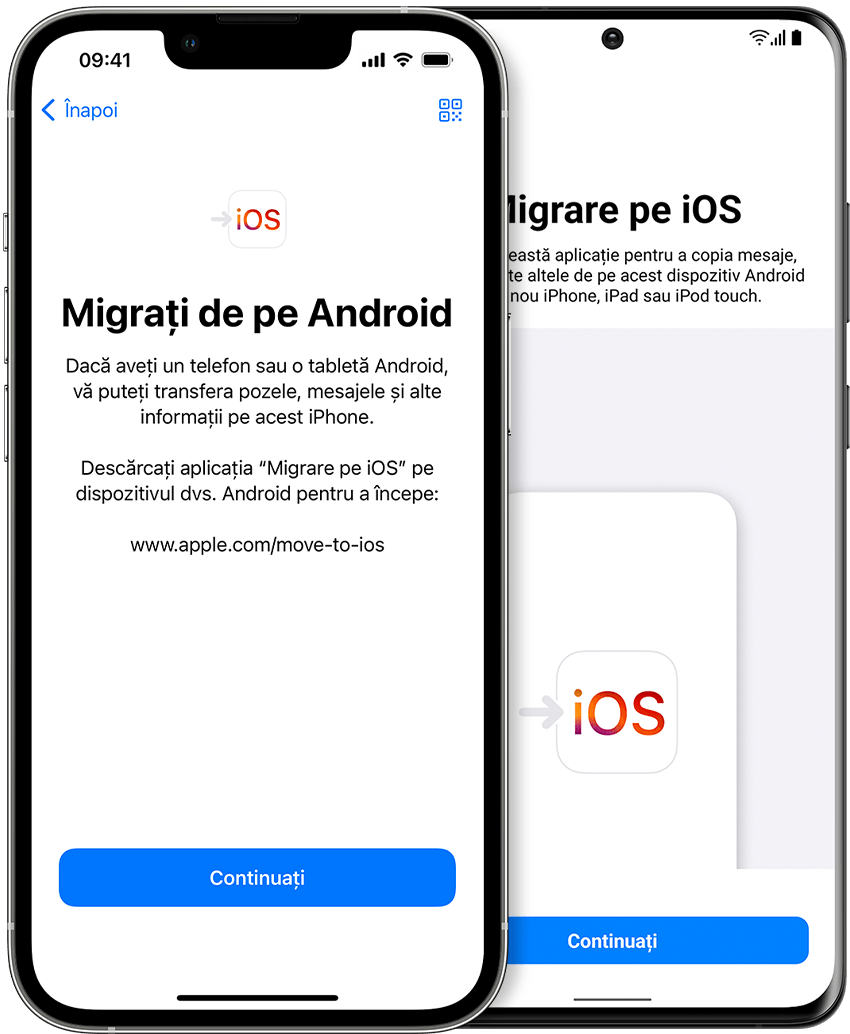 ecrane care afișează aplicația Migrare pe iOS pe iPhone și Android