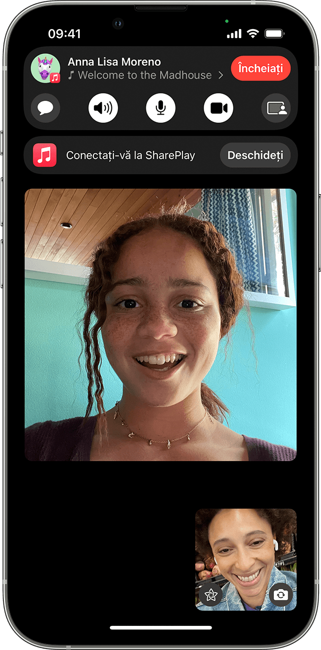 iPhone afișând opțiunea Conectați‑vă la SharePlay într-un apel FaceTime