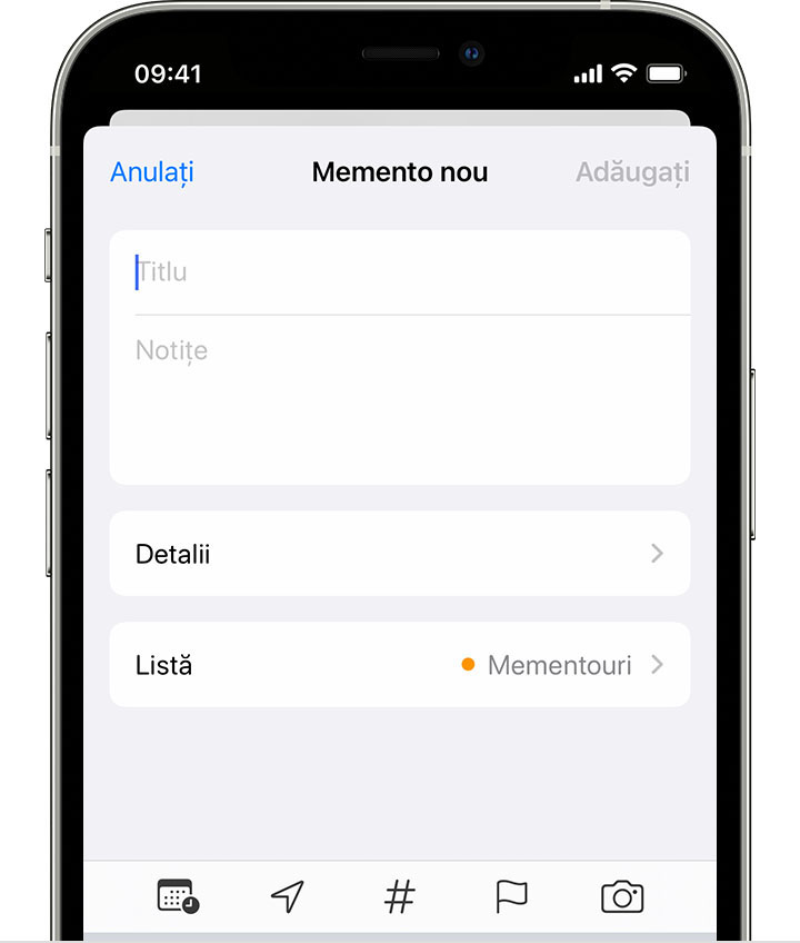 Un iPhone afișând ecranul Memento nou, unde poți adăuga un titlu, note și alte detalii pentru a crea un memento.