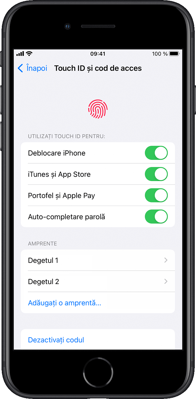 În Configurări, un utilizator alege ce funcții iPhone să activeze cu Touch ID