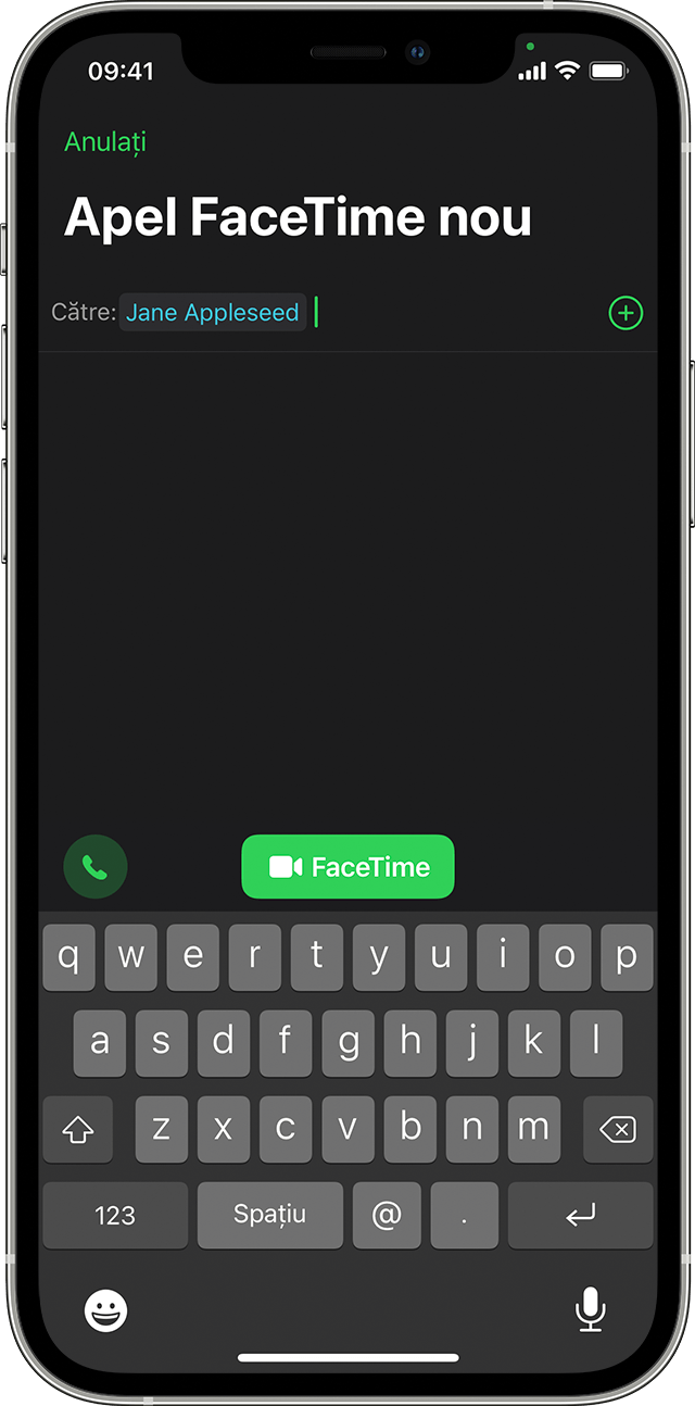 Un iPhone care arată aplicația Telefon în timpul unei convorbiri cu Jane Appleseed. Butonul FaceTime se află pe al doilea rând de pictograme din centrul ecranului.