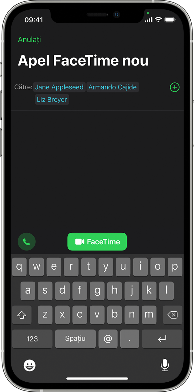 iPhone arătând cum se inițiază un apel FaceTime de grup din aplicația FaceTime