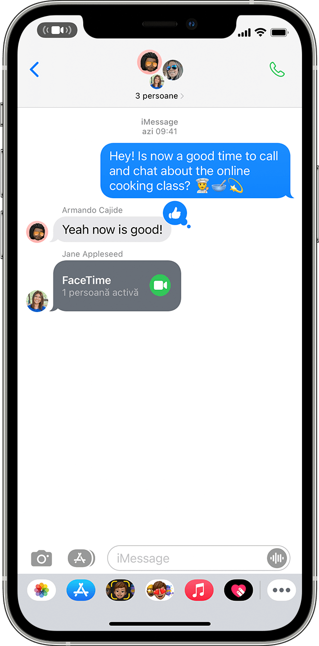 iPhone arătând procesul de alăturare la un apel FaceTime dintr-un mesaj de grup
