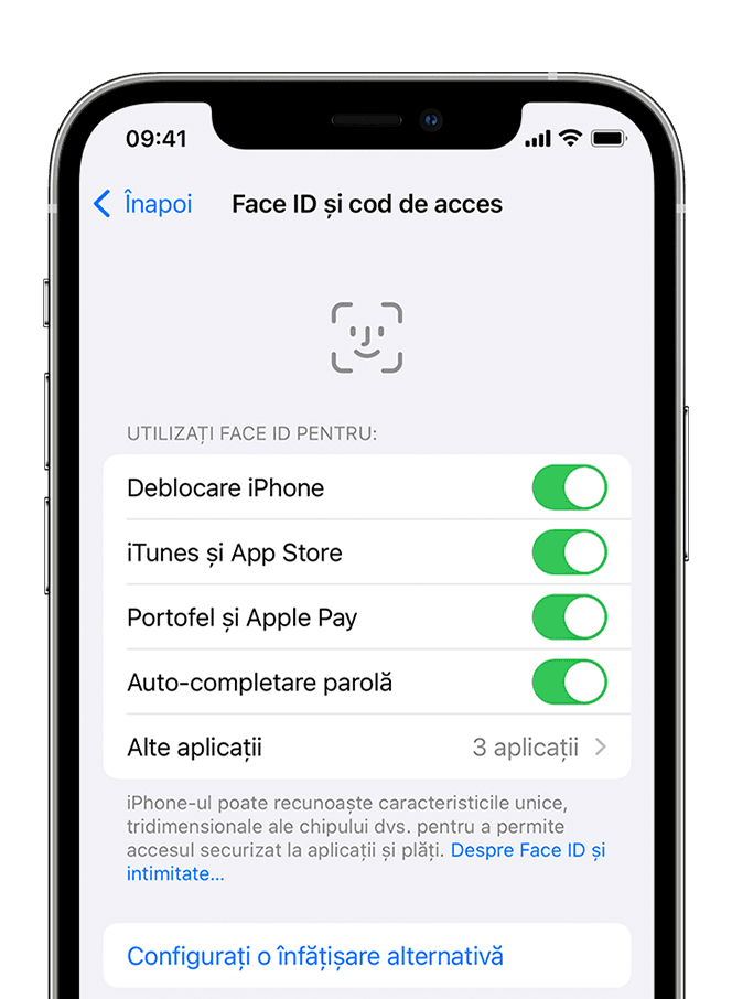 Un iPhone afișând ecranul Configurări > Face ID și cod de acces.