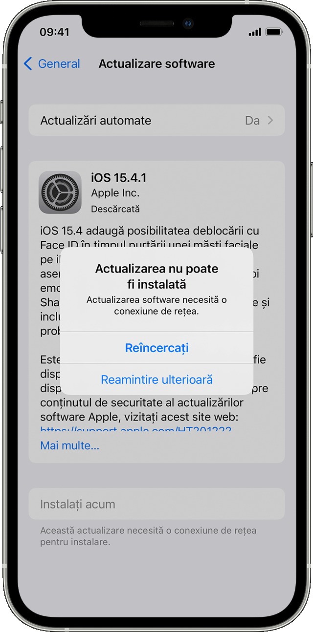 Un iPhone afișând alerta „Actualizarea nu poate fi instalată”.