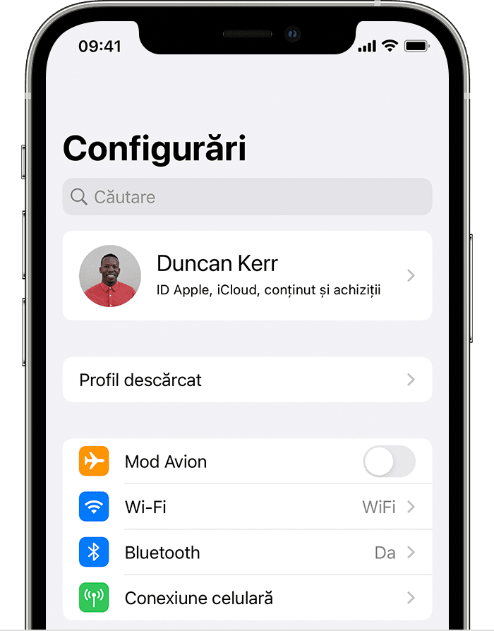 Ecranul de configurări al dispozitivului iPhone care afișează opțiunea Profil descărcat