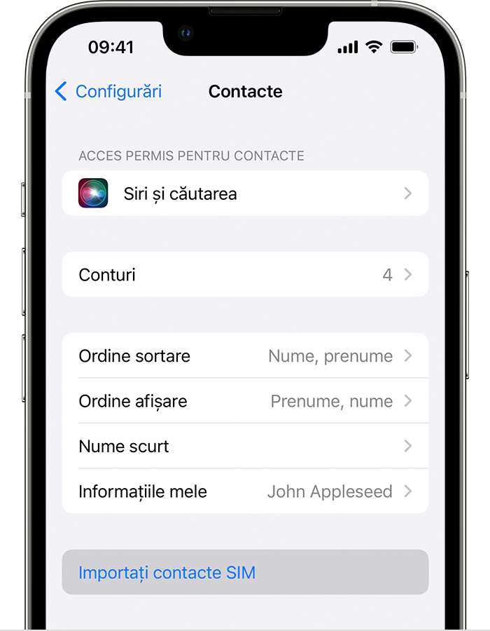 Imaginea arată configurarea aplicație Contacte