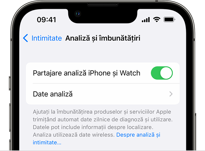 iPhone afișând opțiunile Analiză și îmbunătățiri, cu opțiunea Partajare analiză iPhone și Watch activată.