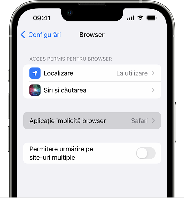 iPhone afișând Aplicație implicită browser