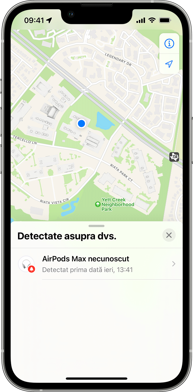 AirTag necunoscut pe hartă în aplicația Găsire