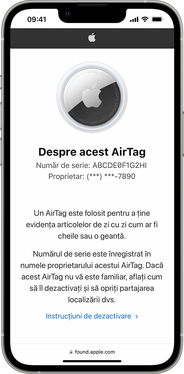 Informații despre acest AirTag pe iPhone