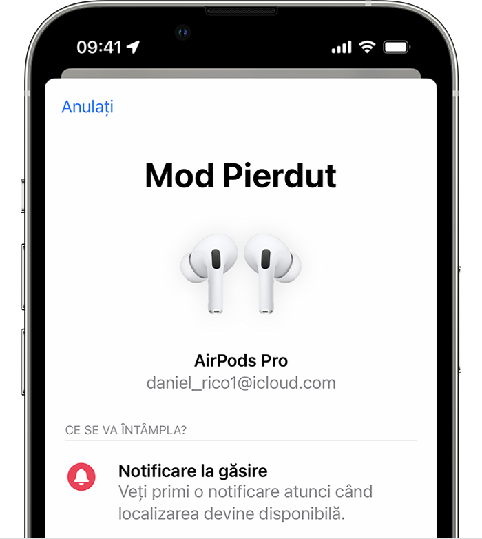 Marcarea căștilor AirPods Pro ca pierdute pe dispozitivul iPhone