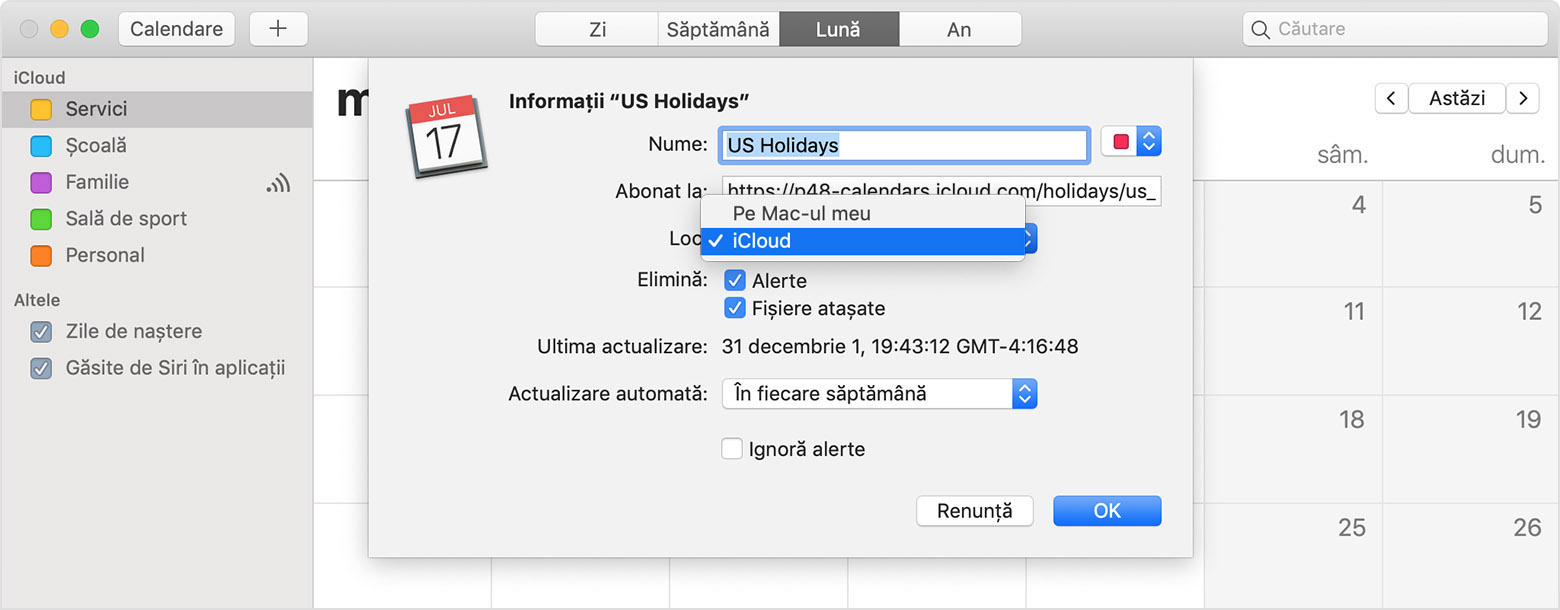 Configurare informare referitoare la sărbătorile din SUA în calendar iCloud