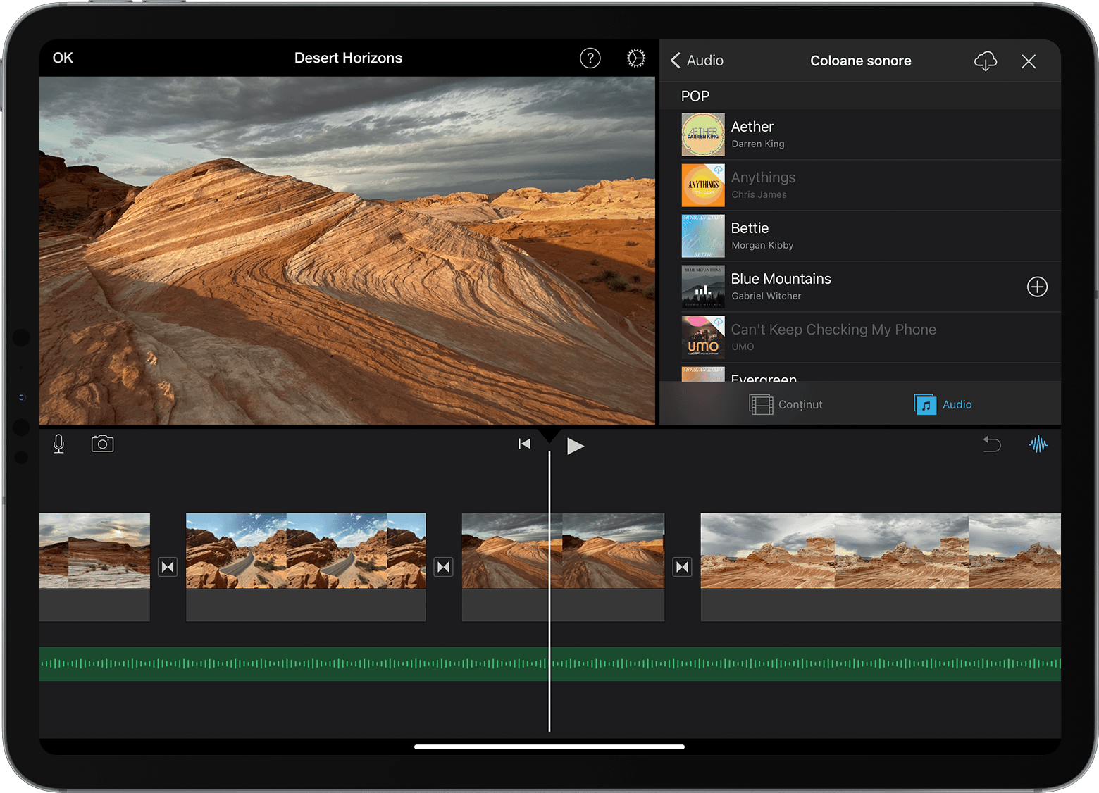 Meniul iMovie pentru adăugarea coloanelor sonore pentru iPad