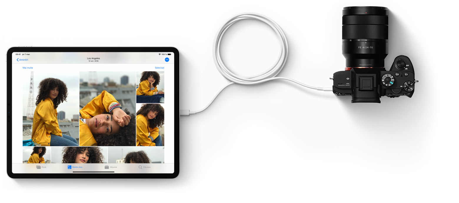 iPad Pro conectat la o cameră digitală printr-un cablu USB-C