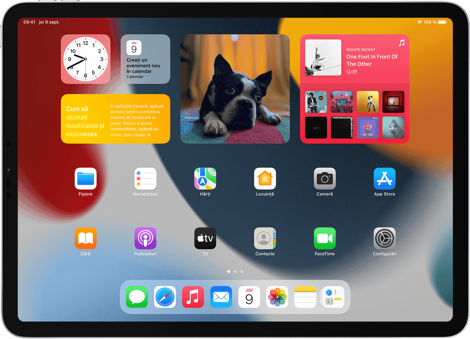 Ecran principal de iPad afișând widgeturi și aplicații