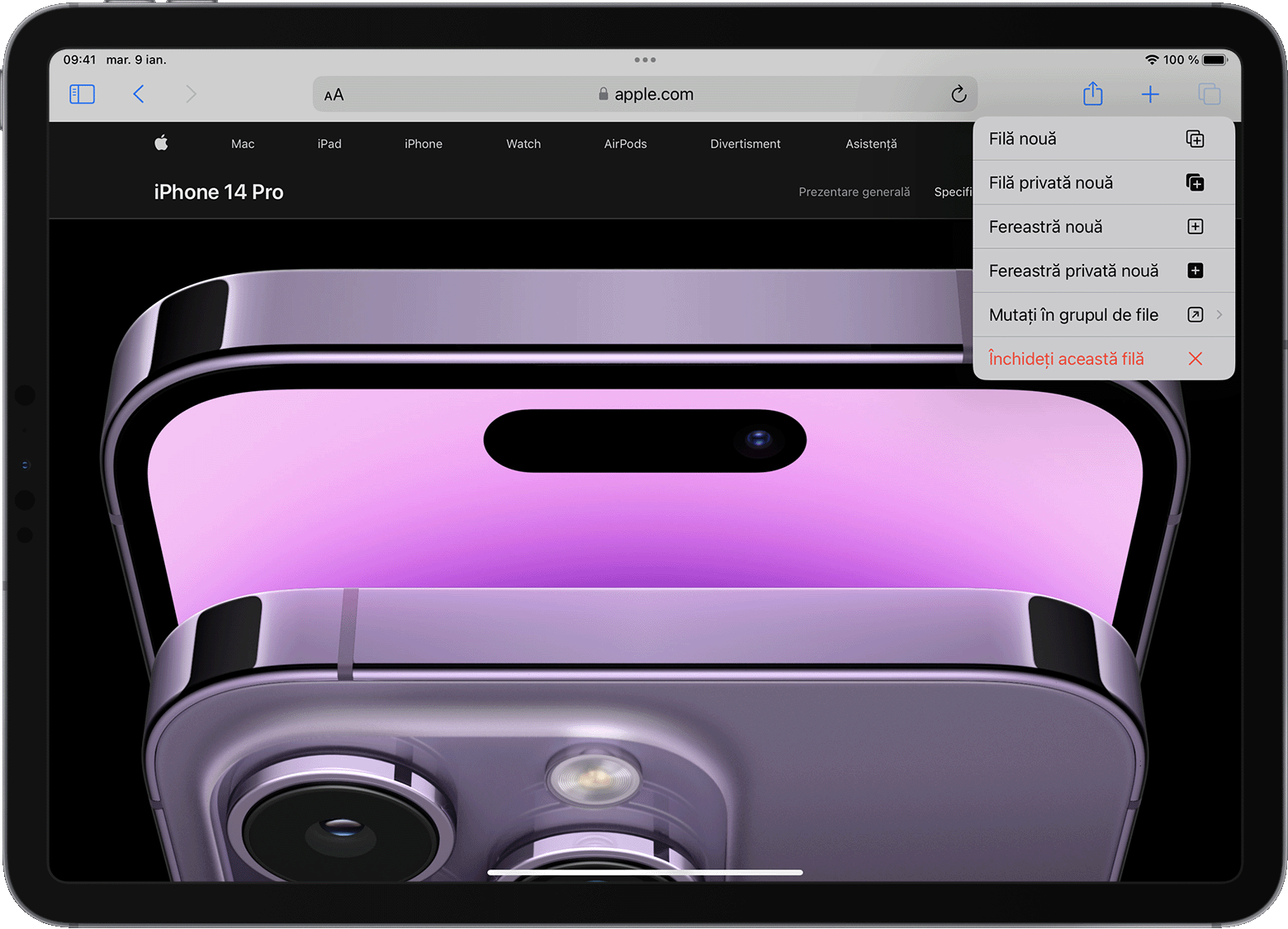 iPad cu meniul de opțiuni pentru filele Safari deschis