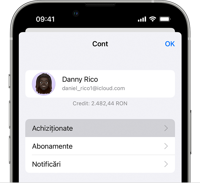 Butonul Achiziționate este selectat în meniul Cont din App Store pe iPhone.