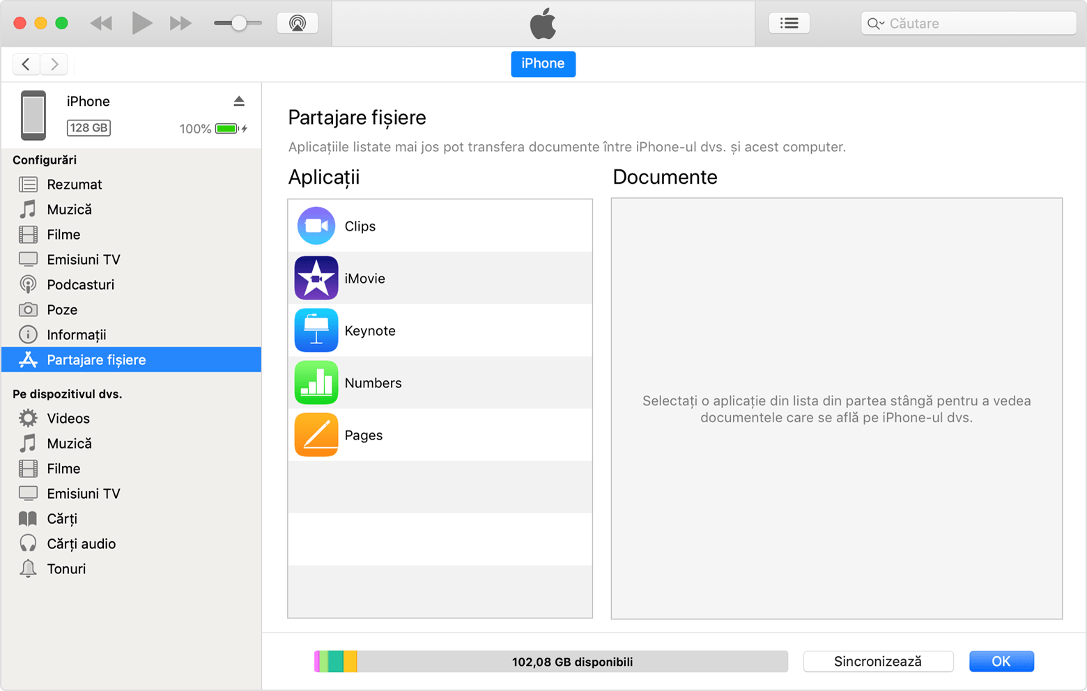 Fereastra iTunes cu dispozitivul iPhone conectat și funcția Partajare fișiere selectată în listă.