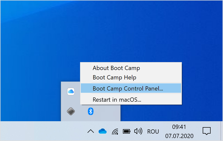 Meniu Boot Camp cu panou de control Boot Camp selectat