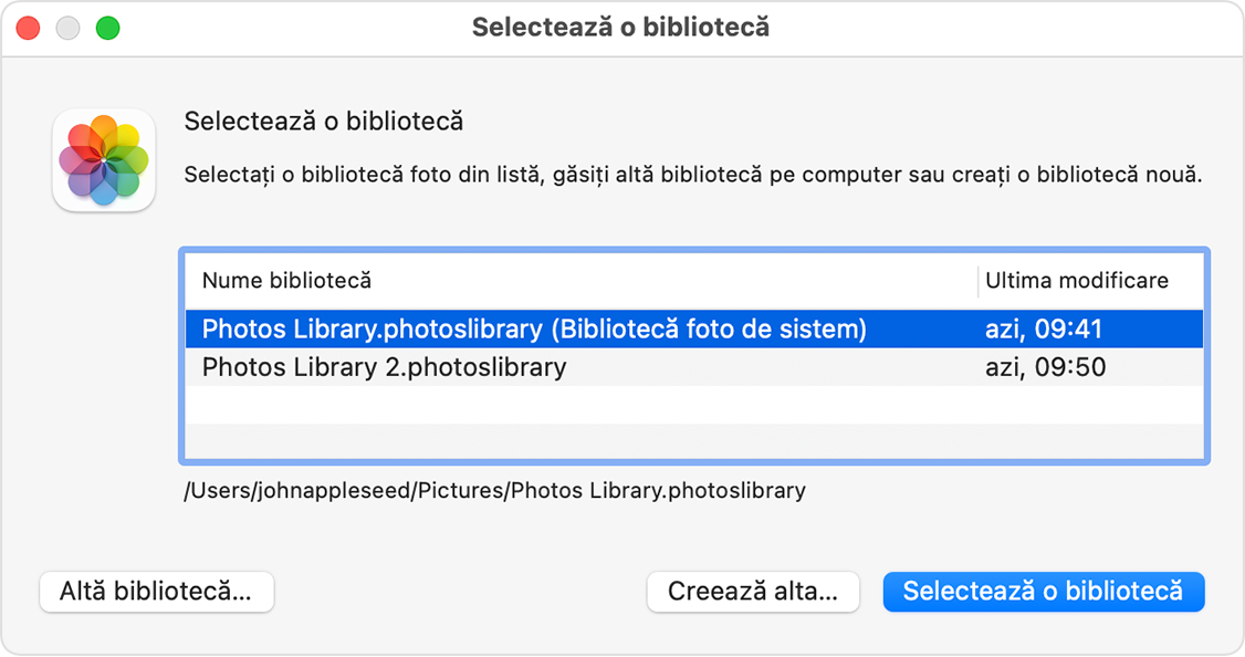 fereastra Selectează o bibliotecă din aplicația Poze pe macOS 
