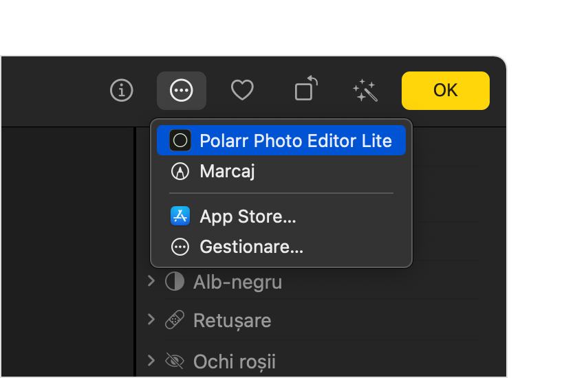 Aplicația Mac Photos care afișează extensia terță selectată