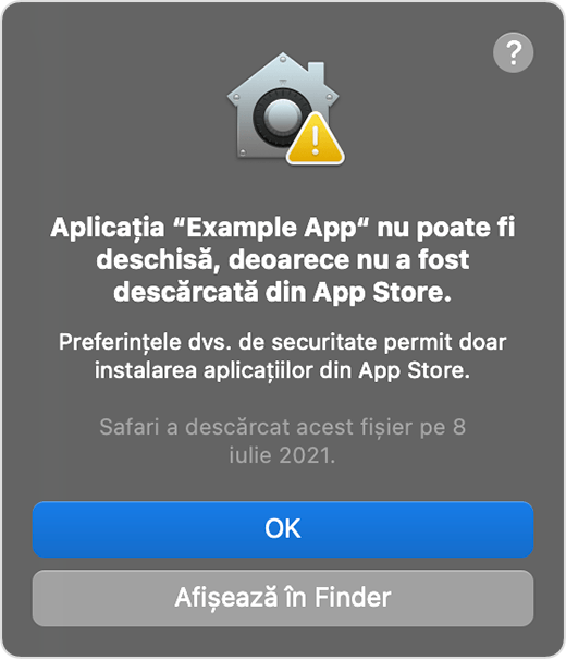 Fereastră de alertă în macOS: Aplicația nu poate fi deschisă, deoarece nu a fost descărcată din App Store.