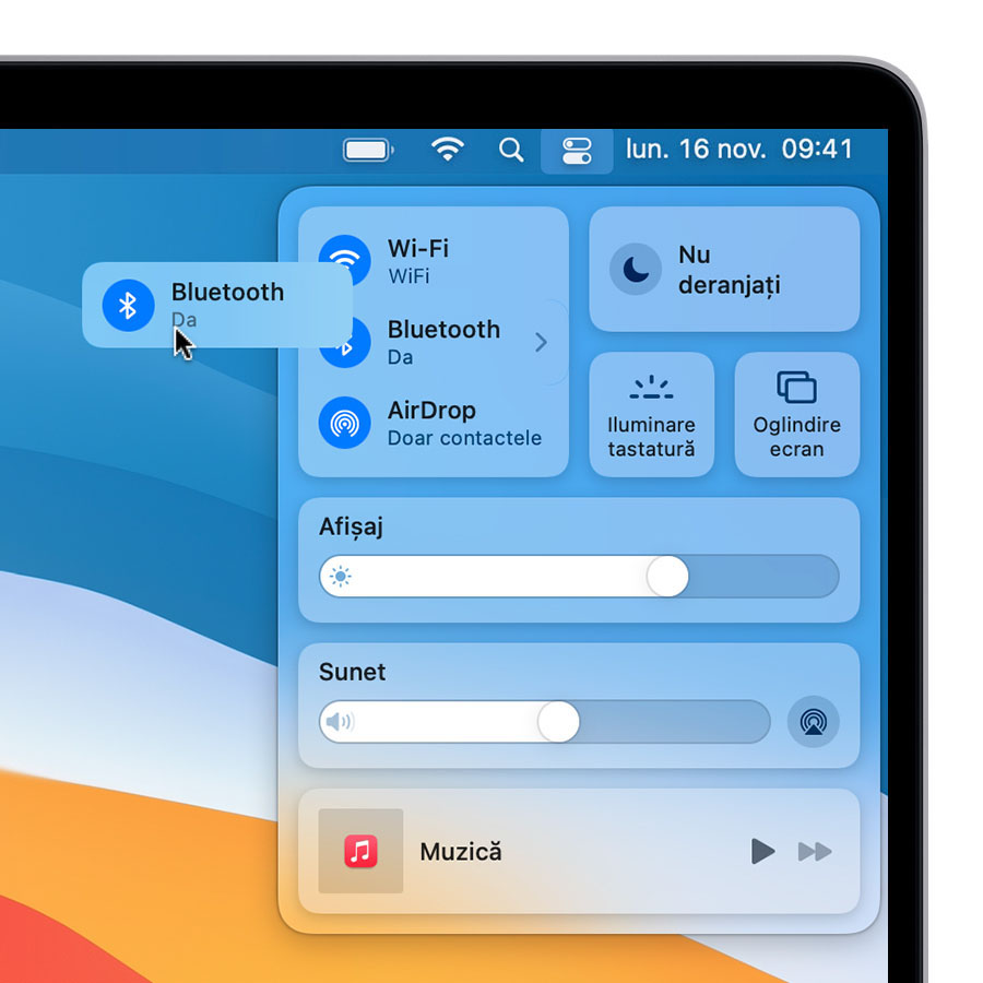 Centrul de control în macOS Big Sur – tragerea Bluetooth din centrul de control în bara de meniuri de pe desktop