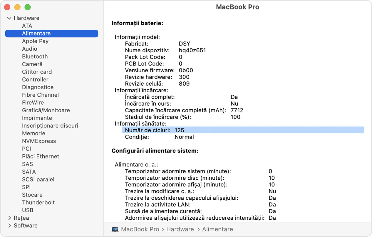 Fereastra Informații sistem la MacBook Pro cu numărul de cicluri ale bateriei evidențiat