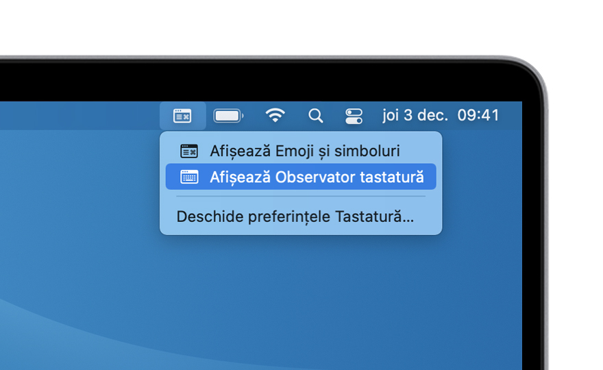 meniul de intrare macOS Big Sur deschis cu „Afișează Observator tastatură” evidențiat