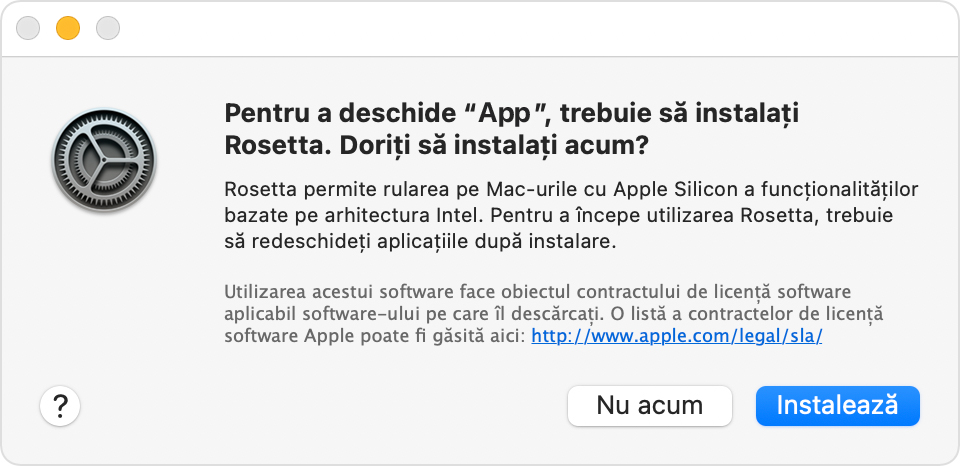 Alertă: Pentru a deschide aplicația, trebuie să instalați Rosetta. Doriți să instalați acum?