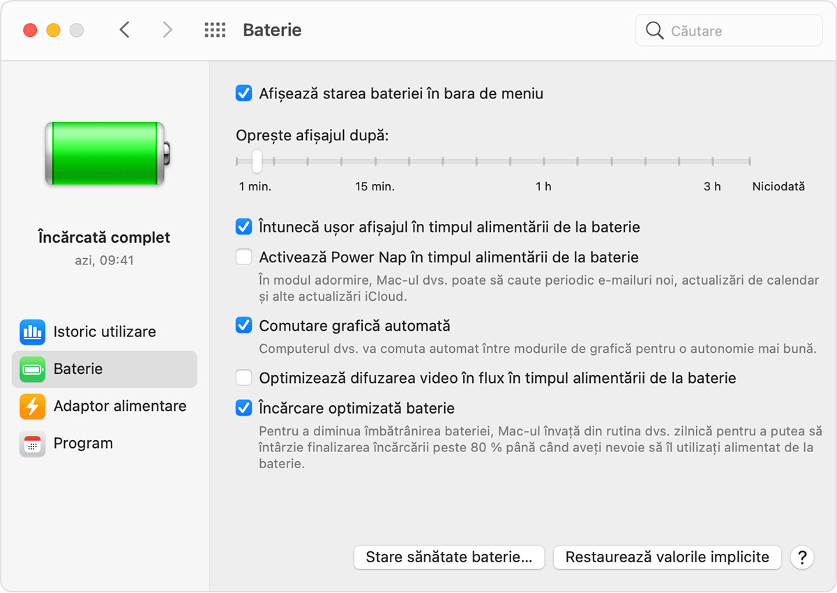 fereastra cu preferințe pentru bateria macOS cu opțiunea Comutare grafică automată selectată