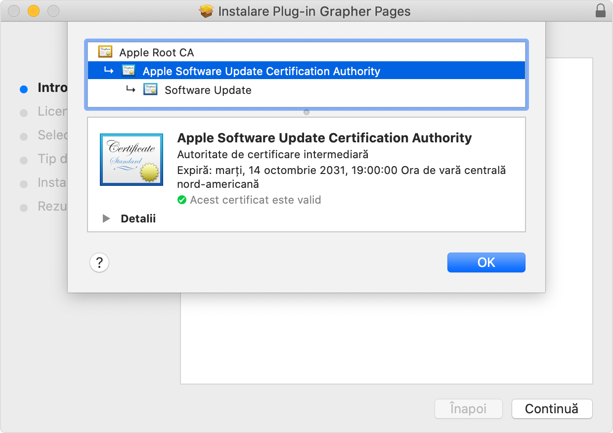 Fereastră a programului de instalare arătând opțiunea „Autoritate de certificare a actualizării de software Apple” selectată