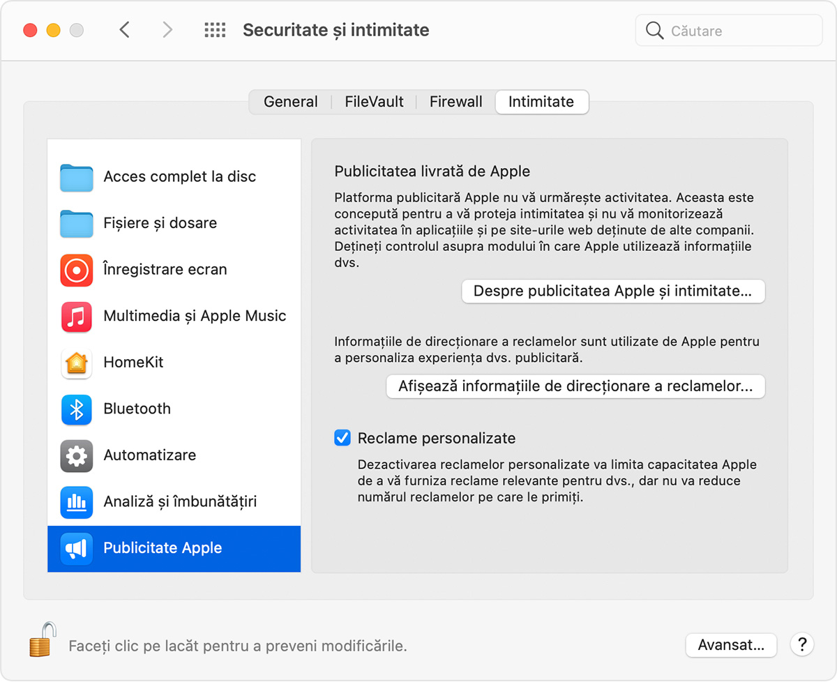 Fereastră Mac arătând opțiuni Publicitate Apple, inclusiv Publicitatea livrată de Apple și Reclame personalizate