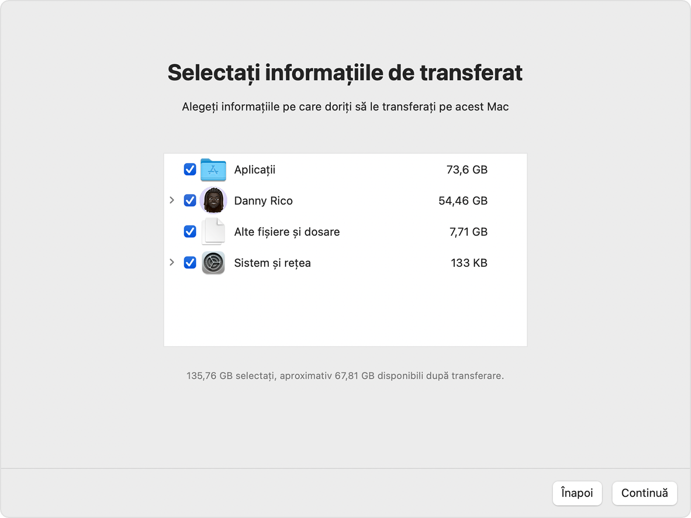 Asistent de migrare: alege utilizatorii și dosarele de transferat pe noul computer Mac