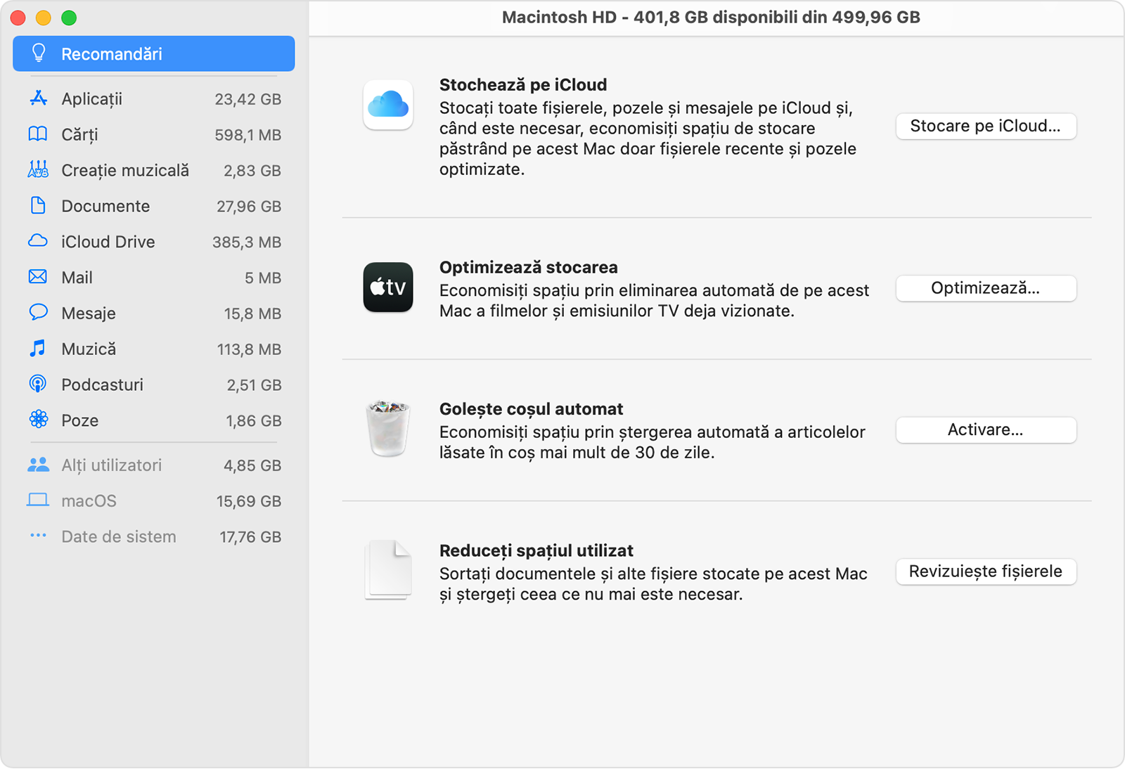 Fereastra Gestionare spațiu