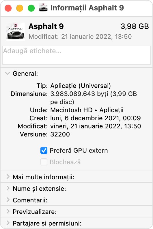 Mac – fereastra cu informații despre aplicație cu opțiunea Preferă GPU extern selectată