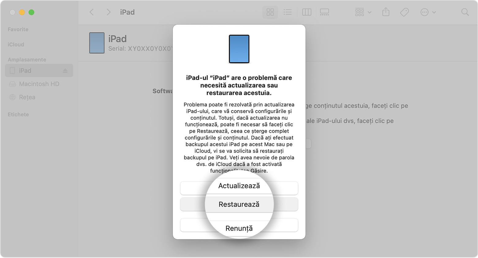 Ecranul unui iPad arătând butonul Restaurați