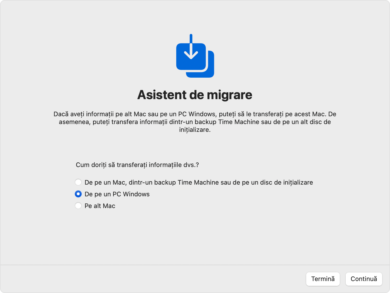 Transferul de pe un PC Windows folosind utilitarul Asistent de migrare