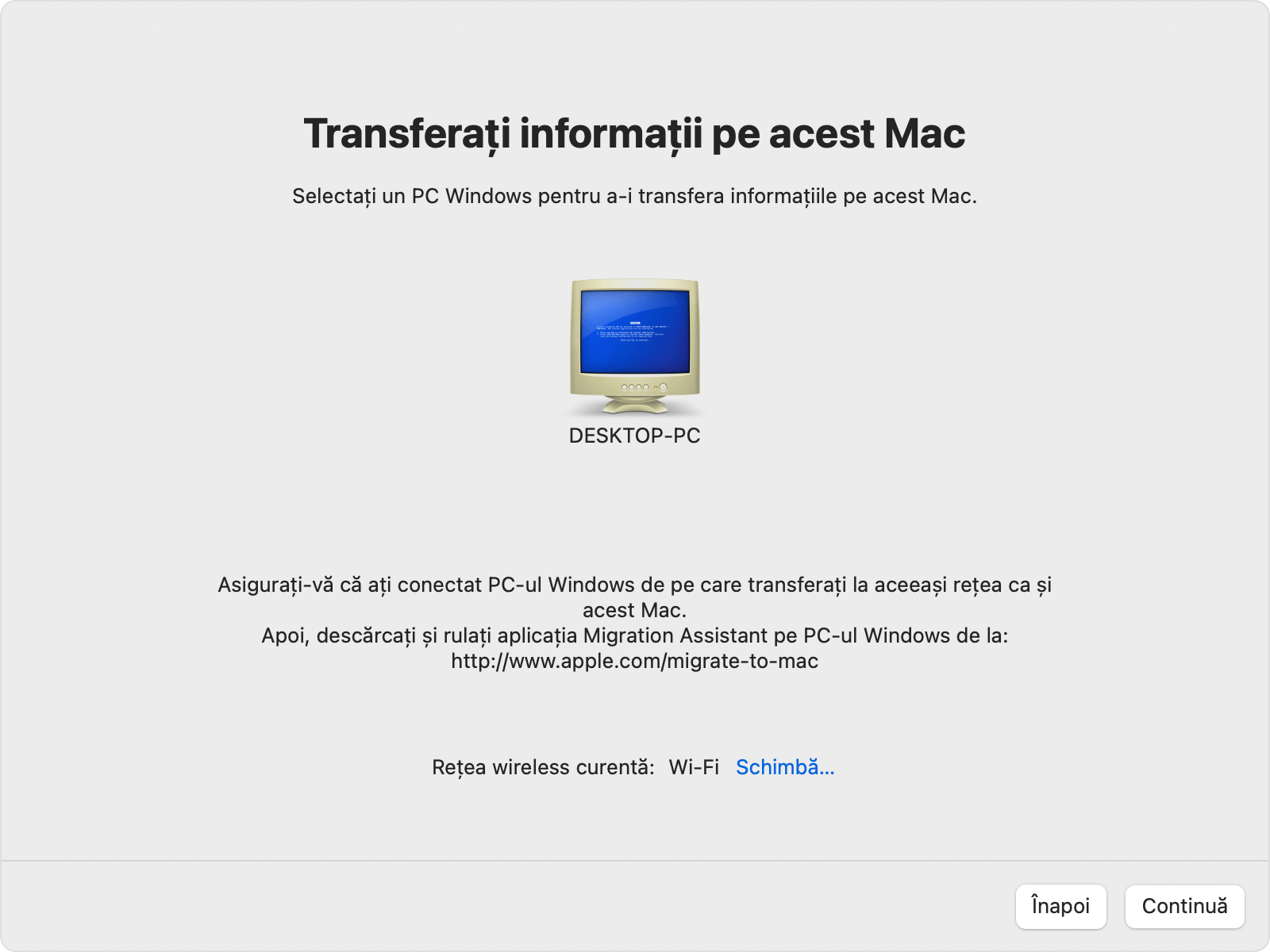 Opțiunea de transfer pe acest Mac din Asistent de migrare