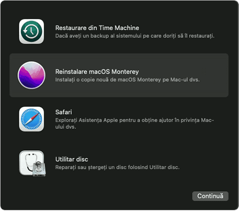 Opțiuni de recuperare macOS cu „Reinstalați macOS Monterey” selectat